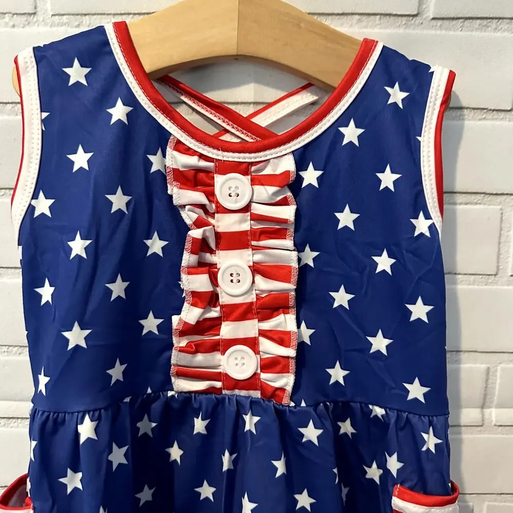 Toddler Girls Sassy Saul 2T Red, White, Blue Stars and Stripes Summer Dress - Picture 2 of 7